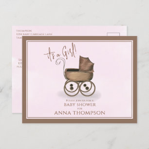 Cartão Postal De Convite Menina rosa branca Vintage Carruagem clássica