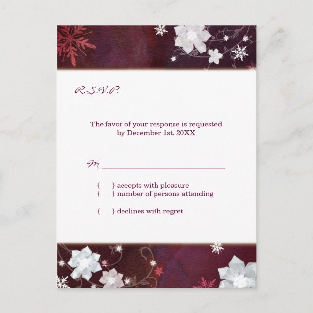 Cartão Postal De Convite Merlot White Winter Floral Weding RSVP (Frente)