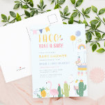 Cartão Postal De Convite Mexican Fiesta Taco Bout A Baby Couple's Shower<br><div class="desc">Do you love tacos and Mexican fiestas? We've got the right design for you! This couple's shower postcard invitation features cute party elements such as balloons, bunting, piñata, flamingo, llama, cactus and rainbow! A sweet typography displays your party details combining sans-serif and script, with "Taco 'bout a baby" at the...</div>