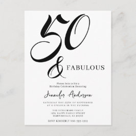 Cartão Postal De Convite Modern Elegant Black White Fifty Fabulous Birthday