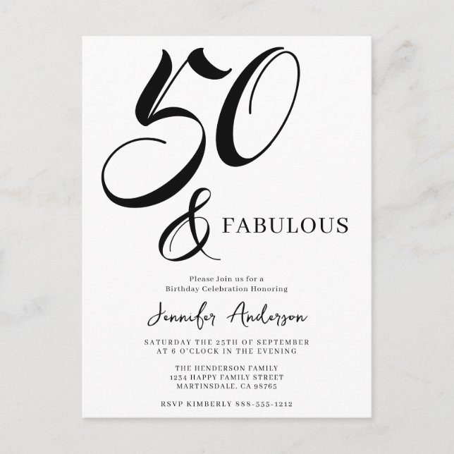 Cartão Postal De Convite Modern Elegant Black White Fifty Fabulous Birthday (Frente)