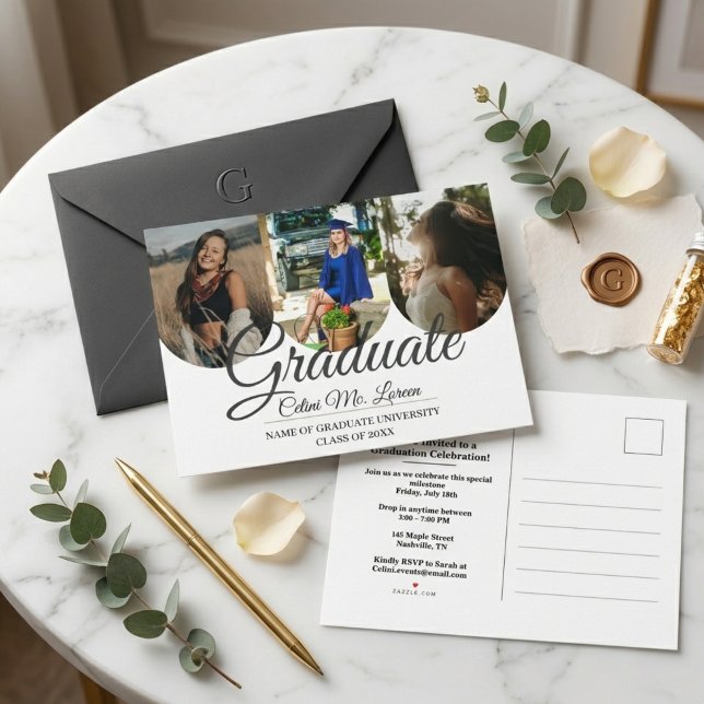 Cartão Postal De Convite Modern Minimalist Arch Calligraphy Photo Graduatio (Modern Minimalist Arch Calligraphy 3-Photo Graduation Announcement Postcard)