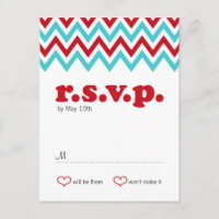 Modern Red and Aqua Chevron & Lovebird RSVP