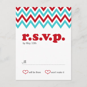 Cartão Postal De Convite Modern Red and Aqua Chevron & Lovebird RSVP