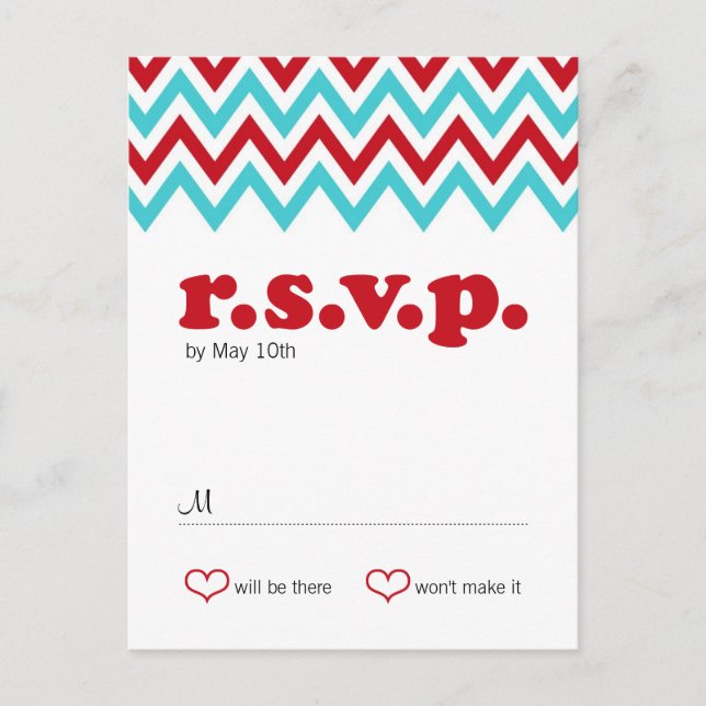 Cartão Postal De Convite Modern Red and Aqua Chevron & Lovebird RSVP (Frente)