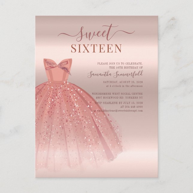 Cartão Postal De Convite Modern Sweet 16 Glitter Script Rosa Dourado Aniver (Frente)