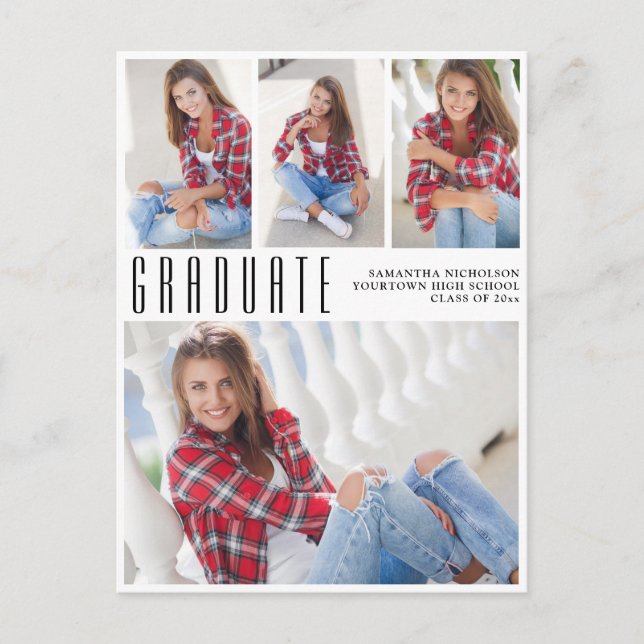 Cartão Postal De Convite Modern Trendy White Graduation 4 Photo Collage (Frente)