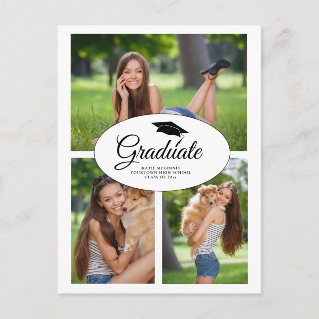 Cartão Postal De Convite Modern White Graduation 3 Photo Collage (Frente)
