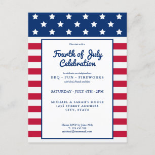 Cartão Postal De Convite Moderno 4 de julho Vermelho Branco e Azul