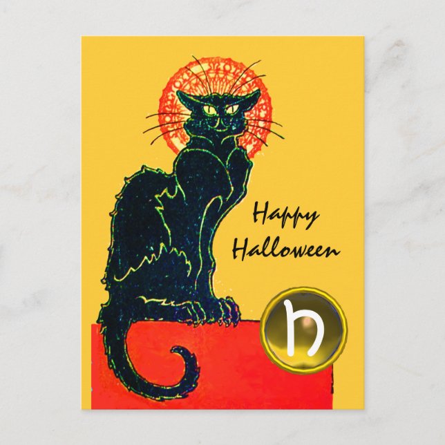 CARTÃO POSTAL DE CONVITE MONOGRAMA DO PARTIDO BLACK CAT HALLOWEEN (Frente)