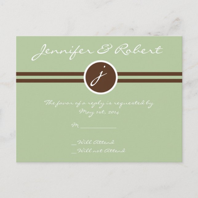 Cartão Postal De Convite Monograma em Posto RSVP Verde e Castanho (Frente)
