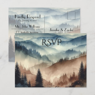 Cartão Postal De Convite Montanhas Dusty Blue e Mocha Brown Casamento RSVP