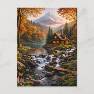 Cartão Postal De Convite Mountain Cabin in Autumn Glow Serene Nature 
