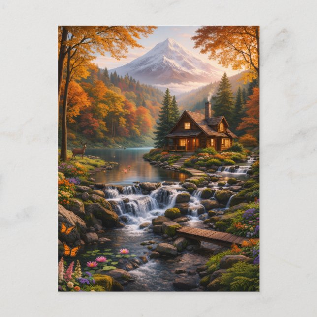 Cartão Postal De Convite Mountain Cabin in Autumn Glow Serene Nature  (Frente)