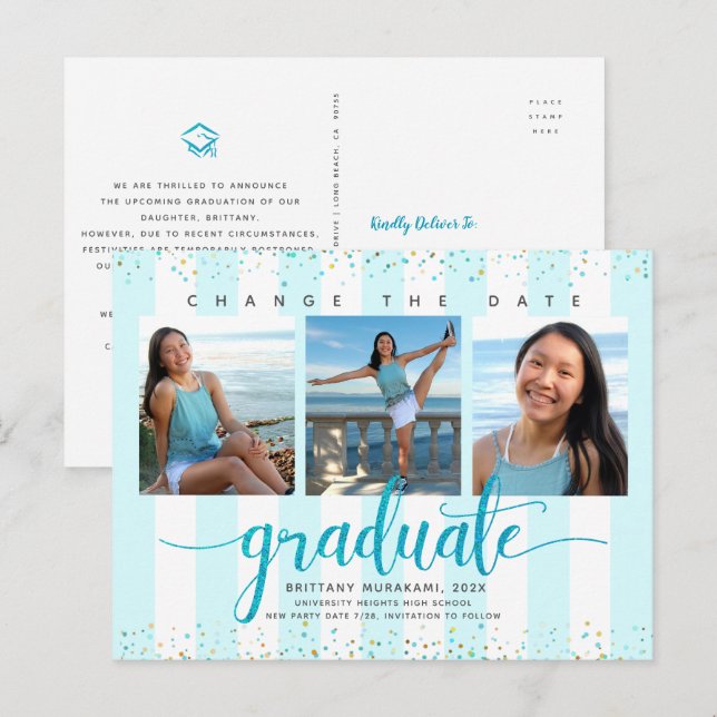Cartão Postal De Convite Mudar data foto de formatura elegante letra cursiv (Frente/Verso)