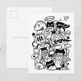Cartão Postal De Convite Multidão de Personagens de Desenhos Animados Excên