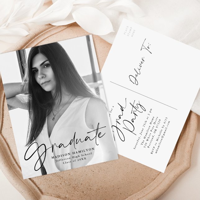 Cartão Postal De Convite Na moda Black Script Photo Festa de formatura (Criador carregado)