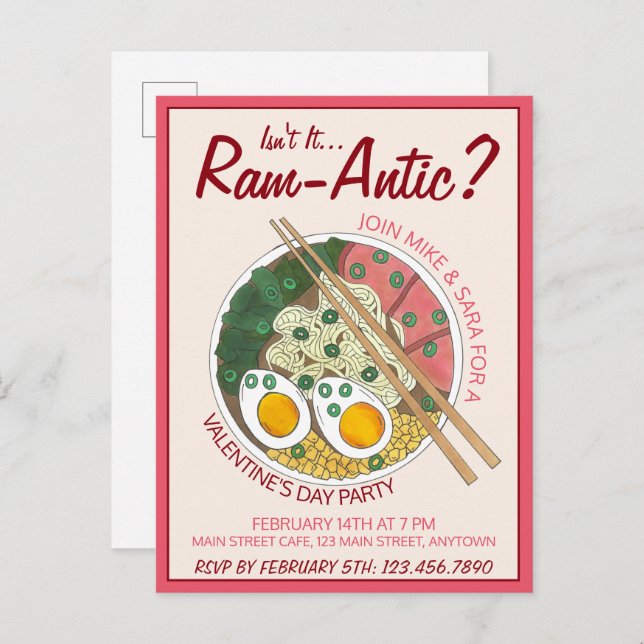 Cartão Postal De Convite Não é Rom-ântico Dia dos Namorados Ramen (Frente/Verso)