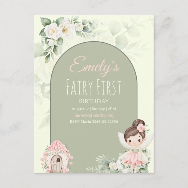 Cartão Postal De Convite Nature Cute Flower Fairy 1st Birthday Invitation (Frente)
