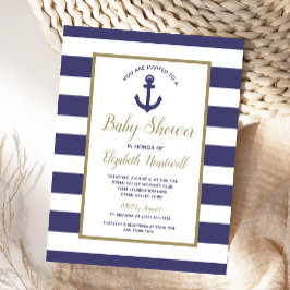 Cartão Postal De Convite Nautical Anchor Navy Blue Striped Boy Baby Shower