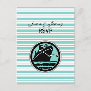 Cartão Postal De Convite Naval Navio Azul Claro Faixa Branca RSVP 1
