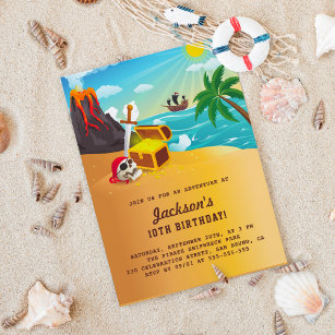 Cartão Postal De Convite Navio pirata, tesouro e ilha de vulcão Aniversário