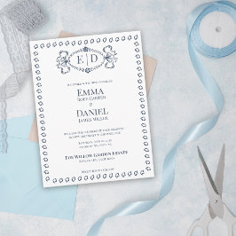 Cartão Postal De Convite Navy Blue Heirloom Crest Monogram Formal Wedding