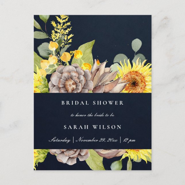 CARTÃO POSTAL DE CONVITE NAVY SUNFLOWER EUCALYPTUS PINE FLORA BRIDAL SHOWER (Frente)