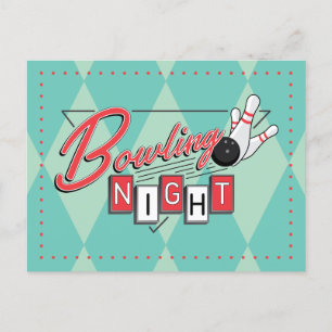 Cartão Postal De Convite Noite de Boliche com Logo Retro
