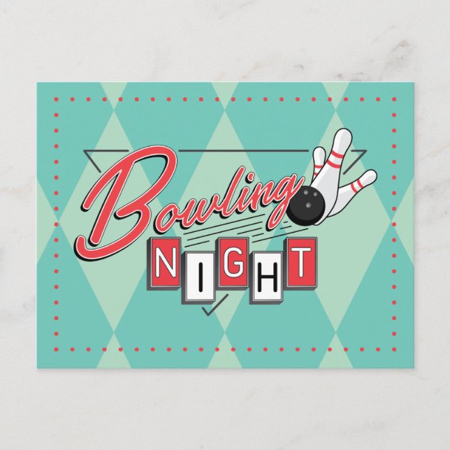 Cartão Postal De Convite Noite de Boliche com Logo Retro (Frente)