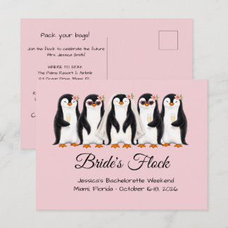 Cartão Postal De Convite Noiva de Pinguim Fofo Card de Solteira Rosa