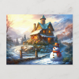 Cartão Postal De Convite Nostalgic Christmas Snowman   Vintage Cottage