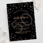 Cartão Postal De Convite Numero das estrelas douradas negras de aniversário<br><div class="desc">Um convite de aniversário glamouroso para ele e para ela. Um fundo preto decorado com estrelas douradas falsas. Personalize e adicione um nome e detalhes da parte. Texto colorido do ouro. Número de idade como marca d'água.</div>
