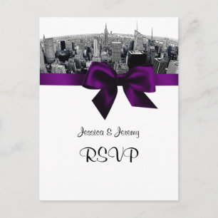 Cartão Postal De Convite NYC Etch Fisheye Skyline BW Purple RSVP 1