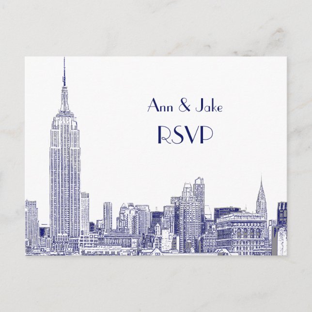 Cartão Postal De Convite NYC Skyline 01 White gravado RSVP 1Blue (Frente)