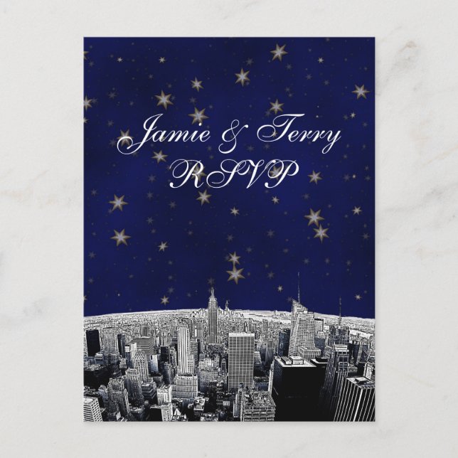 Cartão Postal De Convite NYC Skyline 2 Black White RSVP 1 (Frente)