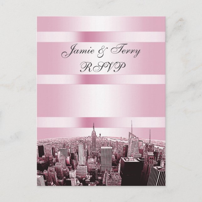 Cartão Postal De Convite NYC Skyline 2 preto rosa RSVP 1 (Frente)
