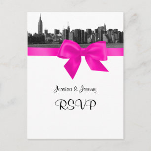 Cartão Postal De Convite NYC Wide Skyline Etch BW Hot Pink RSVP 1