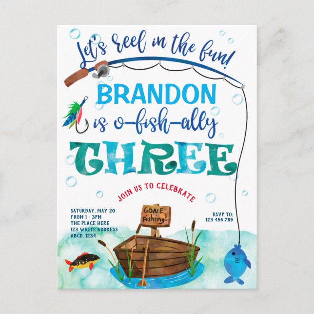 Cartão Postal De Convite O-fish-Ally, Pequeno Pescador, Pesca 3º Aniversári (Frente)