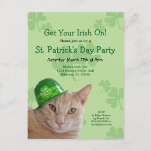 Cartão Postal De Convite O partido do dia de St Patrick irlandês do gato