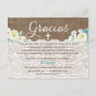 Cartão Postal De Convite Obrigado do baptismo de Bautizo você no espanhol