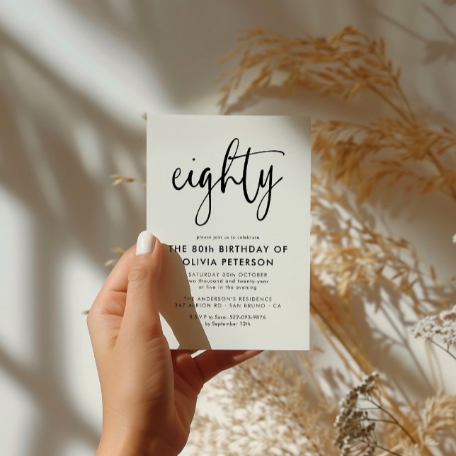 Cartão Postal De Convite Oitenta | 80 moderna, Festa de aniversário preto e (Criador carregado)