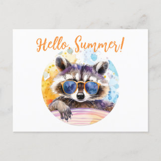 Cartão Postal De Convite Olá Summer Raccoon em óculos de sol Watercolor
