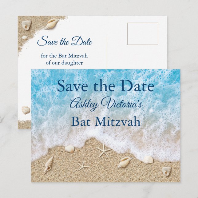 Cartão Postal De Convite Ondas Azuis da Praia Bat Mitzvah Salve a Data (Frente/Verso)
