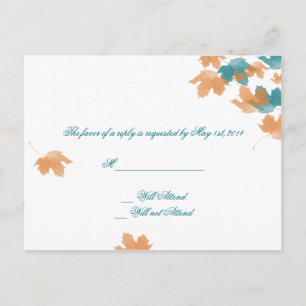 Cartão Postal De Convite Orange Aqua Autumn Maple Leaf Weding RSVP