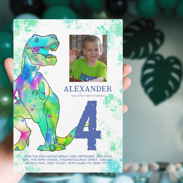 Cartão Postal De Convite Orçamento de Festa de aniversário do Dinossauro T- (T-rex dinosaur birthday party invitation with photo template and colorful watercolor T-Rex dino )