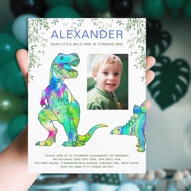 Cartão Postal De Convite Orçamento de foto do Partido primeiro aniversario  (Wild one dinosaur T-Rex 1st birthday party budget invitation postcard with photo template)