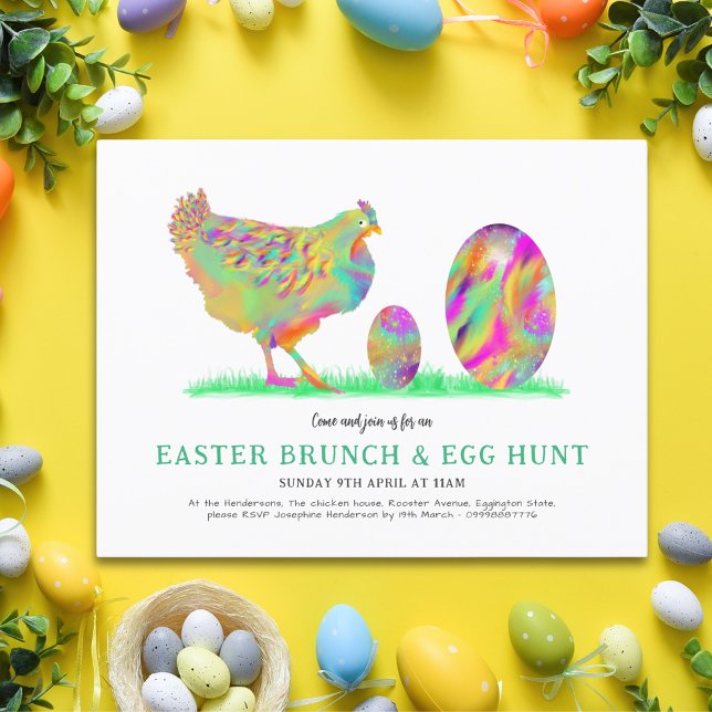 Cartão Postal De Convite Orçamento de páscoa Brunch e Caça a Ovos (Easter brunch and egg hunt invitation colorful cute chicken and eggs art)
