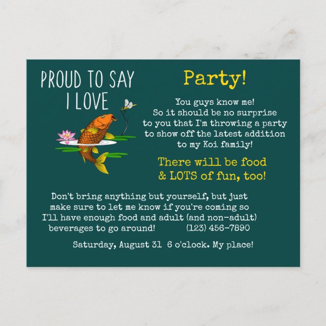 Cartão Postal De Convite Orgulhoso de dizer que amo Koi! (Frente)
