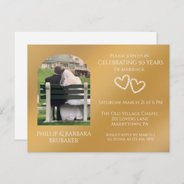 Cartão Postal De Convite Ouro de Foto Elegante 50º Aniversário de Casamento (Frente/Verso)